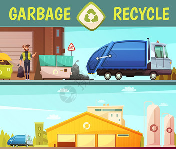 垃圾回收公司2个卡通横幅垃圾回收绿色生态友好服务符号处理设施2卡通风格横幅孤立矢量插图图片