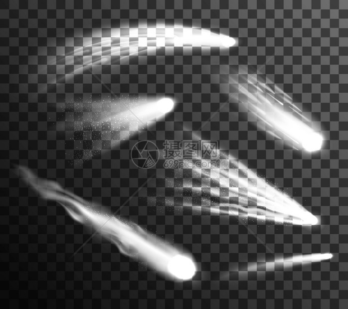 白色流星彗星透明白色流星彗星的同形状大小透明的黑色灰色格子背景平矢量插图图片