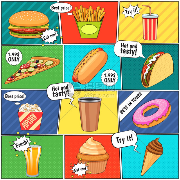 快餐漫画小收集海报快餐漫画板图标成页与语音气球彩色背景广告海报矢量插图图片