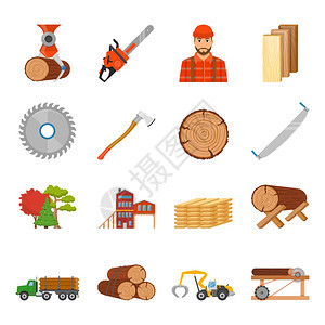 锯木厂木材图标锯木厂木材平隔离图标与专业设备工具货物图像的空白背景矢量插图图片