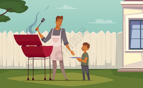 野餐烧烤父子卡通海报夏季周末烧烤露台草坪复古卡通海报与烧烤烧烤父子矢量插图图片