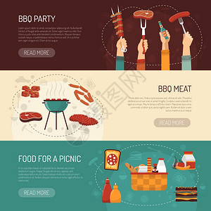 烧烤派横向横幅烧烤派横向横幅与食品套件野餐烤肉分类平矢量插图图片