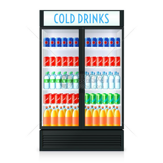 垂直冰箱模板立式冰箱模板与闭门透明璃可乐等饮料内隔离矢量插图图片