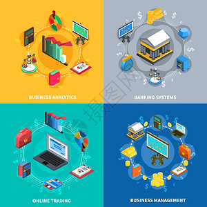 金融等距图标方形成商业管理分析线交易系统与金融银行符号标志4图标方形孤立矢量插图插画