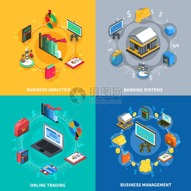 金融等距图标方形成商业管理分析线交易系统与金融银行符号标志4图标方形孤立矢量插图图片
