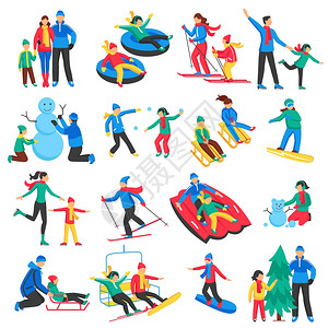 家庭冬季运动图标家庭冬季运动图标成人儿童滑雪滑冰,堆雪人平孤立矢量插图图片