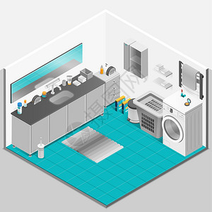 浴室内部浴室内部等距与洗衣机镜子矢量插图图片
