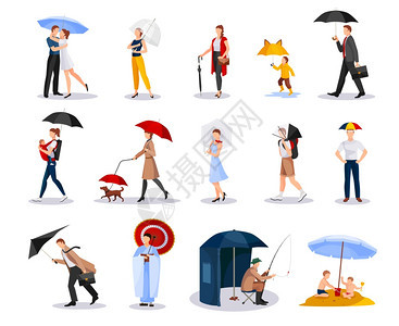 带雨伞的人收集收集各种形状的雨伞的人,包括孩子,男人女人矢量插图图片
