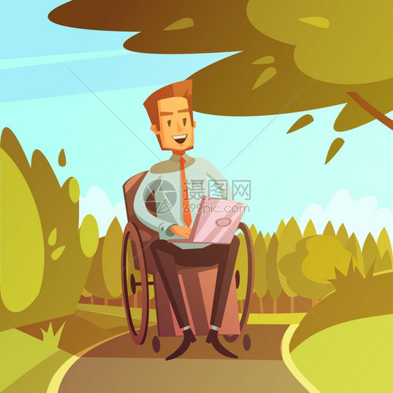 残疾商人插图彩色卡通插图描绘残疾人轮椅与计算机矢量插图图片