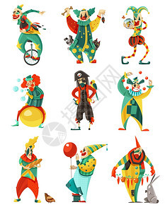 马戏小丑图标趣的马戏小丑装饰图标的颜色与技巧周期海盗服装气球矢量插图图片