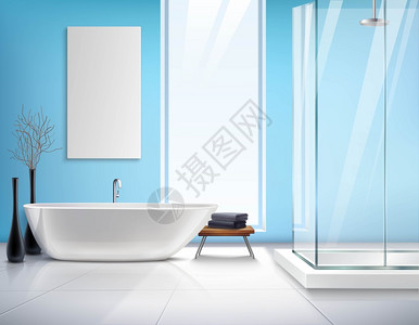 浴室照片逼真的浴室内部现代轻浴室逼真的室内与白色浴室淋浴室装饰配件矢量插图插画