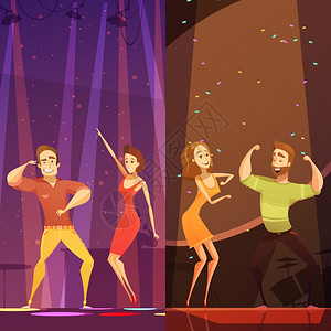 迪斯科晚间舞蹈卡通海报两轻夫妇迪斯科俱乐部夜宴上用五颜六色的聚光灯跳舞,卡通海报抽象矢量插图图片