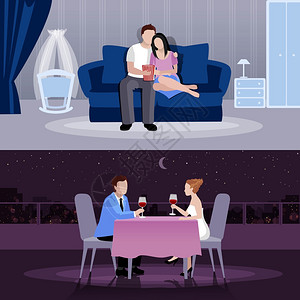 夫妇们平作文幸福的情侣们浪漫的气氛中家餐厅平构图矢量插图图片
