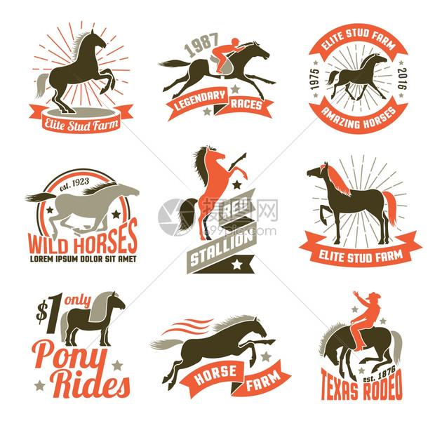 马匹育种标签标志集精英种马场 用于马匹育种赛马会 历史赛马 三种颜色的标志 收集矢量插图插画图片下载 正版图片 摄图网