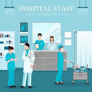 医务人员模板医务人员模板与医生护士助理接待诊所的平风格矢量插图图片
