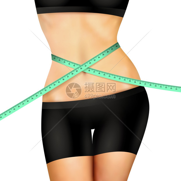 苗条的健身女人苗条的健身妇女身体黑色短裤顶部与测量磁带白色背景现实矢量插图图片