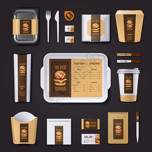 汉堡吧的公司身份汉堡吧公司身份包装文具名片上的黑色背景孤立矢量插图图片