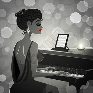 弹钢琴的女人黑色复古插图描绘女人晚礼服钢琴矢量插图图片