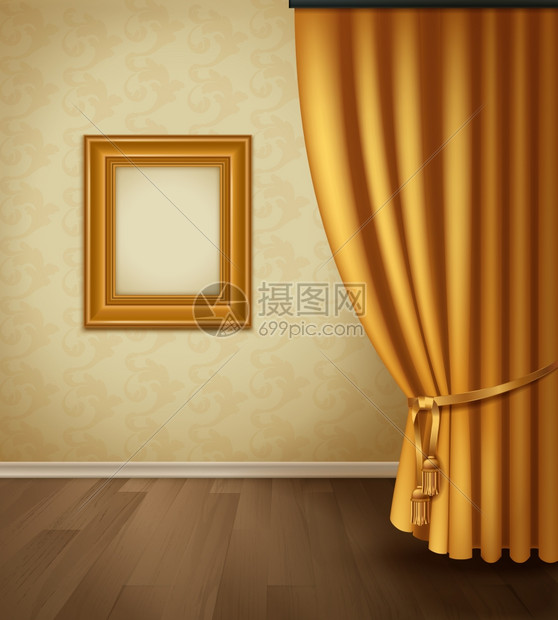 古典窗帘内部古典窗帘内部与框架墙木地板基座现实风格矢量插图图片