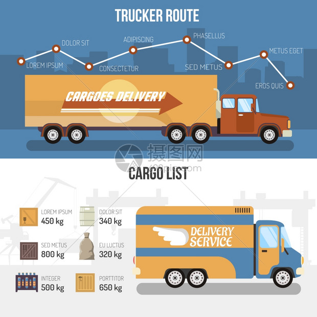 送货卡车横幅平水平运输卡车横幅,卡车司机路线货物清单矢量插图图片