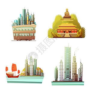香港2x2理念香港2x2理念集历史地标现代城市建筑海洋景观平矢量插图图片