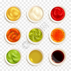 酱汁图标颜色图标,描绘同的酱汁盘子矢量插图图片