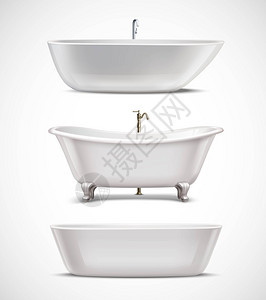 浴缸的现实白色浴缸的同风格形状的现实隔离白色背景矢量插图图片