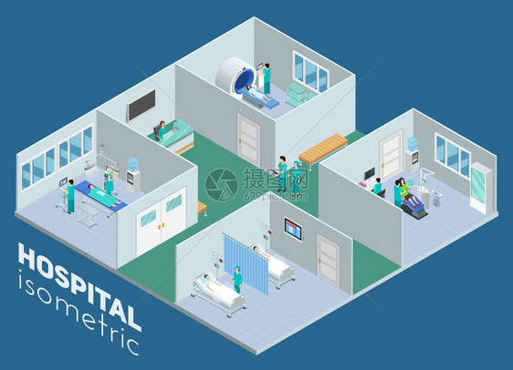等距医疗医院内部视图海报等距医疗医院内部视图MRI扫描手术室重症监护病房海报抽象矢量插图图片