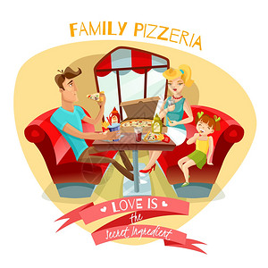 家庭比萨饼店矢量插图家庭比萨饼店的理念与轻的父母他们的女儿餐桌上的比萨饼店内部平矢量插图图片