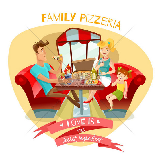 家庭比萨饼店矢量插图家庭比萨饼店的理念与轻的父母他们的女儿餐桌上的比萨饼店内部平矢量插图图片