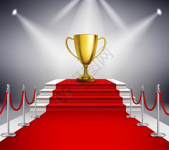 带奖杯的红地毯金色奖杯白色楼梯上覆盖着红地毯,并被聚光灯现实的矢量插图照亮图片
