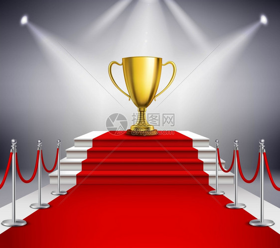 带奖杯的红地毯金色奖杯白色楼梯上覆盖着红地毯,并被聚光灯现实的矢量插图照亮图片