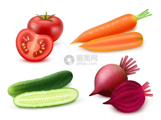 现实的蔬菜套装现实蔬菜番茄胡萝卜黄瓜甜菜白色背景分离矢量插图图片