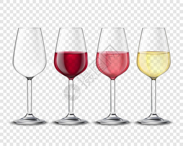 酒杯酒精饮料透明海报经典酒杯酒精饮料杯红色白色玫瑰葡萄酒现实透明海报矢量插图图片