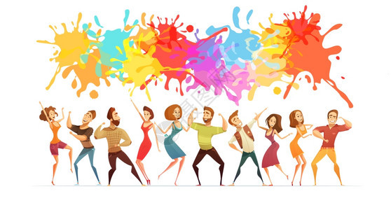 跳舞的人横幅彩色卡通横幅节日海报与明亮的油漆飞溅卡通人物当代舞蹈中构成抽象的矢量插图图片