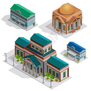 银行博物馆建筑等距图标银行博物馆城市建筑等距装饰图标支柱元素的古典主义孤立矢量插图风格图片
