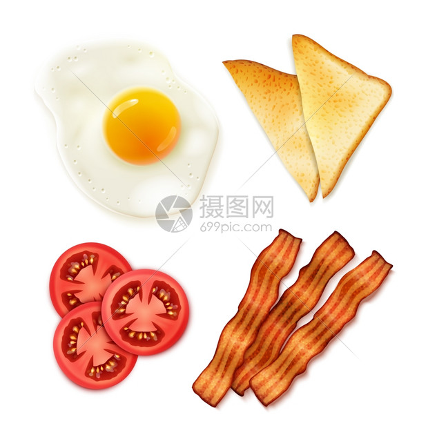 早餐食品4顶视图图标全英式早餐4种主要成分,顶部视图鸡蛋,番茄,培根包分离矢量插图图片