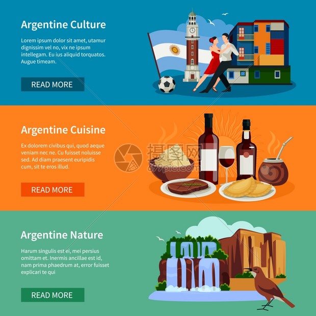 旅游阿根廷平横幅网站页阿根廷顶级游客景点3平水平横幅网页与地标食品文化孤立矢量插图图片