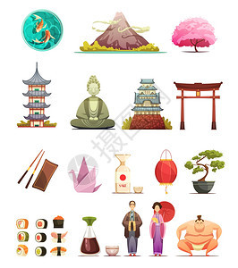 日本文化复古卡通图标日本文化传统美食复古卡通图标收集与樱花盆景相扑手孤立矢量插图图片