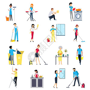 清洁人员图标清洁人员平彩色图标与男子妇女的房子工作清洁隔离矢量插图图片