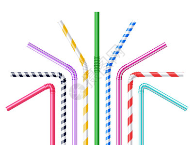 喝吸管的现实插图饮用同颜色的塑料吸管与条纹真实矢量插图背景图片