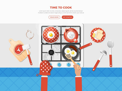 烹饪顶部视图海报同厨具些食物的顶级烹饪海报,如煎鸡蛋生牛排矢量插图图片