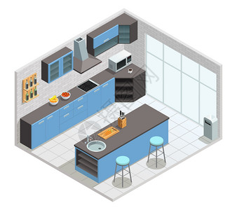 厨房内部等距厨房颜色等距与橱柜桌椅矢量插图图片