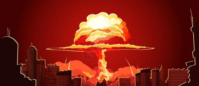 核爆炸蘑菇云复古海报核爆炸明亮橙色火蘑菇云帽市中心复古卡通海报抽象矢量插图图片