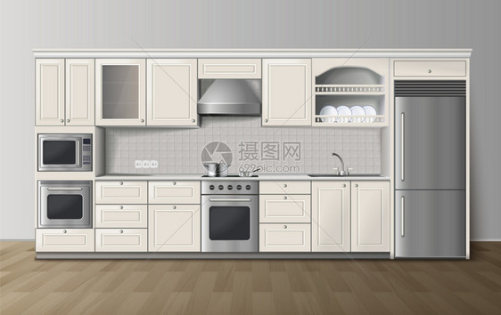 豪华厨房白色逼真的室内形象现代豪华厨房白色橱柜,内置炊具冰箱,逼真的侧视图像矢量插图图片