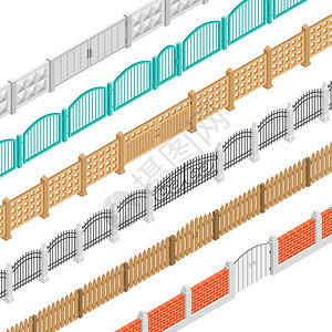 栅栏门等距元件彩色栅栏与大门等距元素砖混凝土木镐能孤立矢量插图背景图片