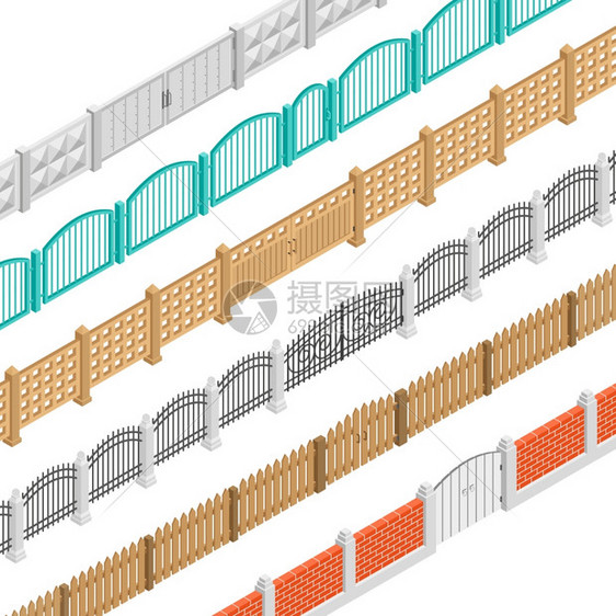 栅栏门等距元件彩色栅栏与大门等距元素砖混凝土木镐能孤立矢量插图图片
