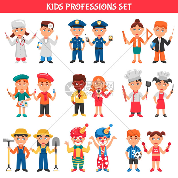 孩子们的职业人们的职业卡通图标为儿童小丑医生教师足球艺术家厨师平