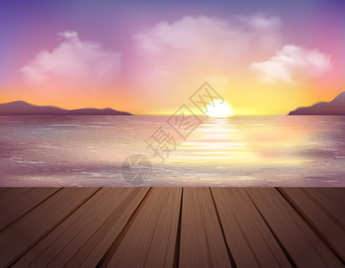 日落海洋背景景观与海山码头日落五颜六色的天空与云卡通矢量插图图片