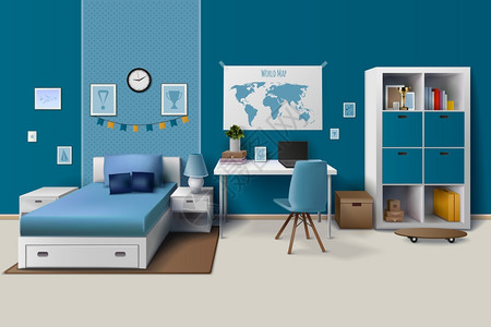 青少男孩房间内部现实形象青少男孩房间内部与时尚的工作家庭橱柜床蓝色现实矢量插图图片